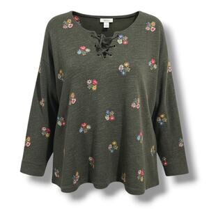 Style & Co Women’s Olive Green Floral Lace-Up Long Sleeve Top Size XL